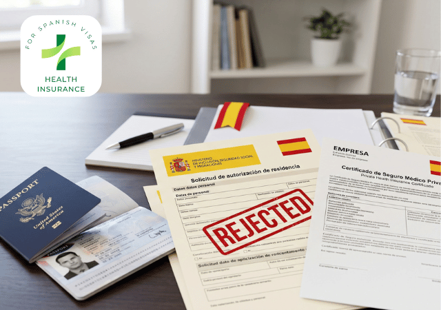 Spanish residency visa application stamped REJECTED next to a US passport and a private health insurance certificate