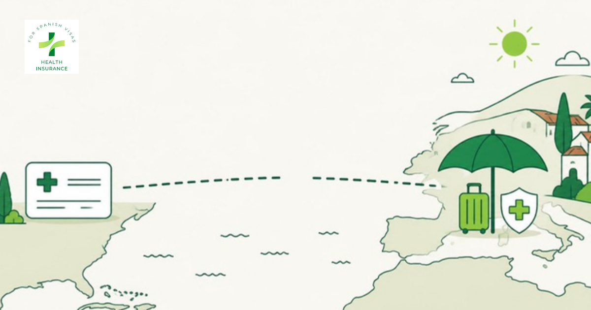 US medical card with a broken travel line beside a sunny Spanish coast sheltered by an insurance umbrella and shield