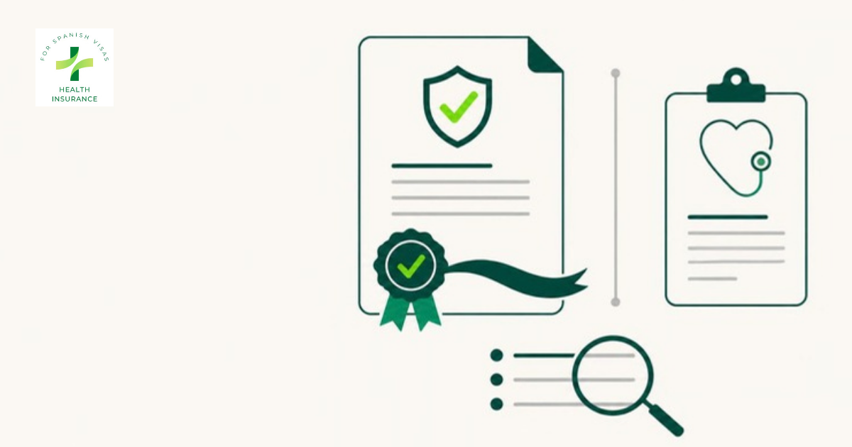 Flat illustration of an insurance certificate with a verification seal, a separate medical clipboard, and a magnifying glass