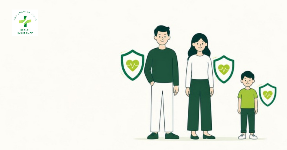Illustration of a family of three with shields showing a heart symbol, promoting health insurance; logo in the corner suggests visa coverage.